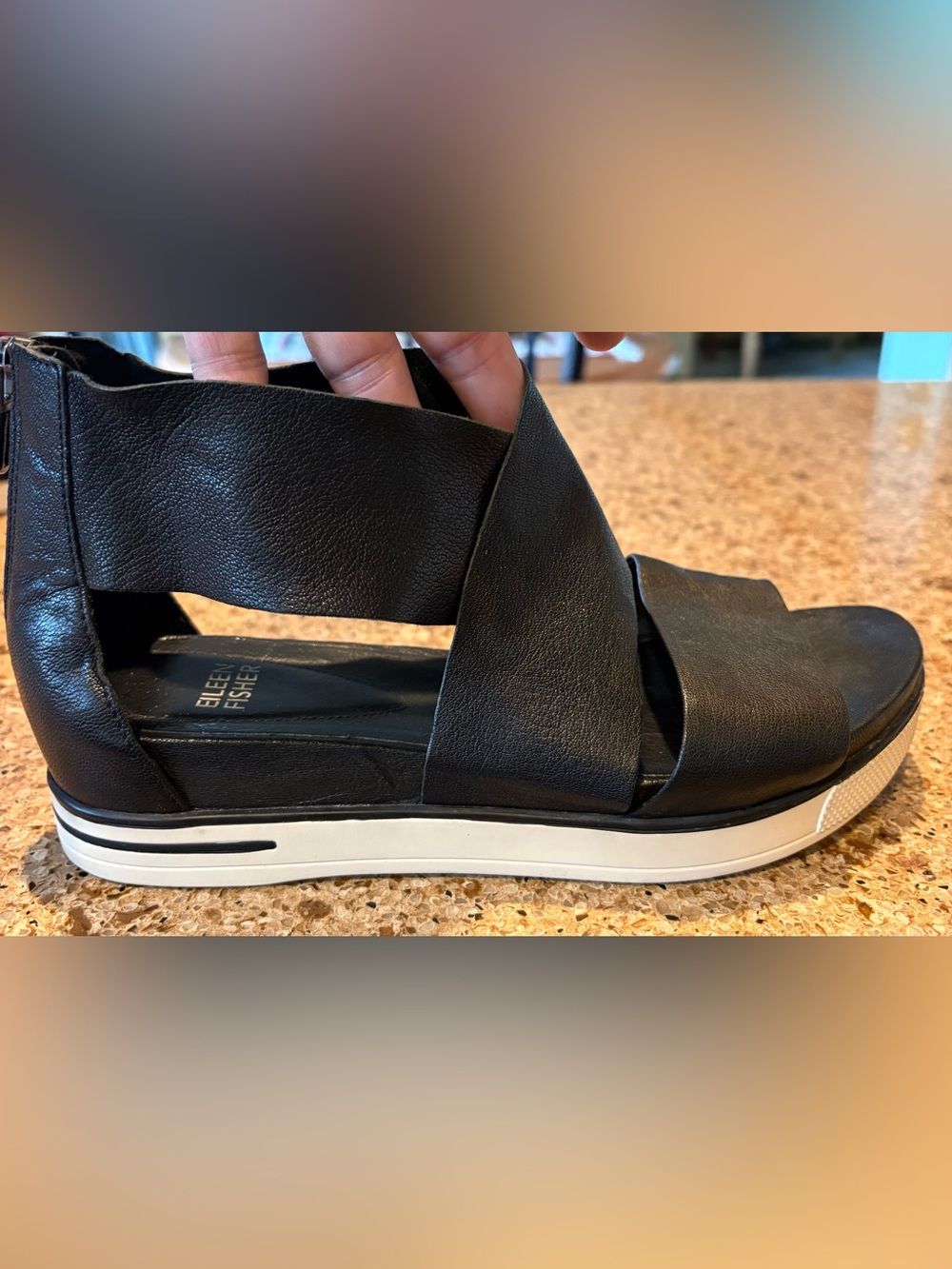 Eileen Fisher Black Leather Sport Tumbled Sneaker Sandal w Back Zipper Entry - 8 - Picture 9 of 10